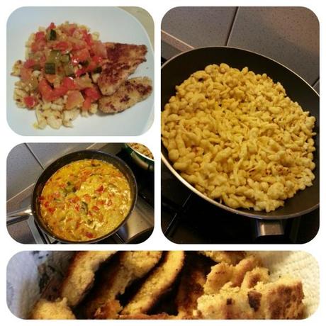 Knöpfli/Spätzle an Currygemüserahmsauce und selbstgemachten Chicken Nuggets