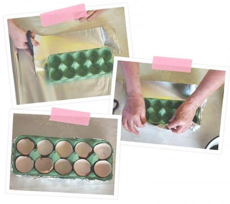 Dann schlagen wir die Eierpappe in die Alufolie ein, damit die Pappe wasserdicht ist.
