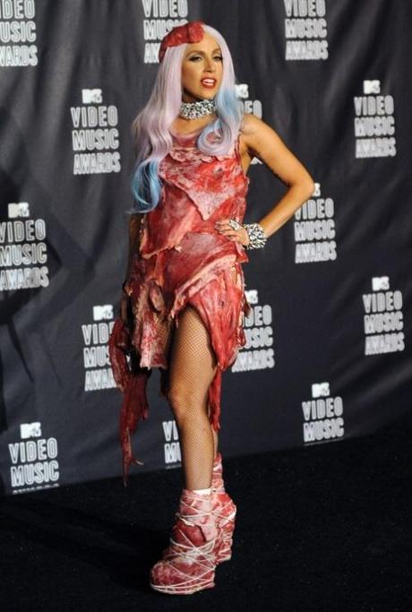 Lady Gaga appears backstage wearing a meat dress after accepting the award for video of the year for Bad Romance at the MTV Video Music Awards in Los Angeles on September 12, 2010 in Los Angeles. UPI/Jim Ruymen Photo via Newscom
