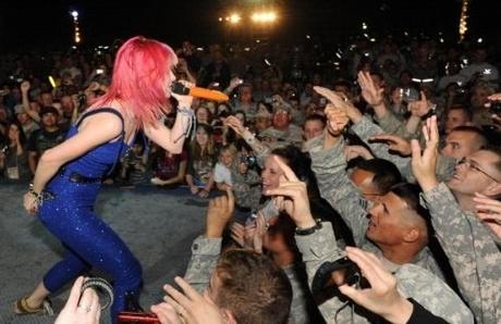 KUWAIT - NOVEMBER 23: ( CESS) The pop punk band Paramore with Hayley Williams as the lead vocalist, Josh Farro lead guitarist, Jeremy Davis bass, Zac Farro drummer, and Taylor York as rhythm guitarist perform at a USO's organized concert for US troops at Camp Arifjan on November 23, 2010 60Km south of Kuwait City, Kuwait. (Photo by Gustavo Ferrari/Getty Images for VH1)