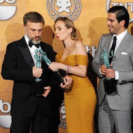 Actors Christoph Waltz, Diane Kruger and Eli Roth (L-R), cast members in the film Inglourious Basterds appear backstage after winning best performance by a cast in a motion picture at the 16th annual Screen Actors Guild Awards in Los Angeles on January 23, 2010. UPI/Jim Ruymen