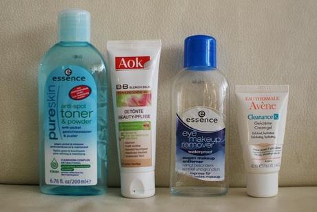  essence pure skin anti-spot toner & powder |  essence eye makeup remover waterproof |  Aok B.B. Blemish Balm |  Avène Cleanance K
