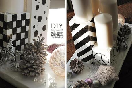 DIY: Adventskranz aus Holzblöcken in schwarz-weiß
