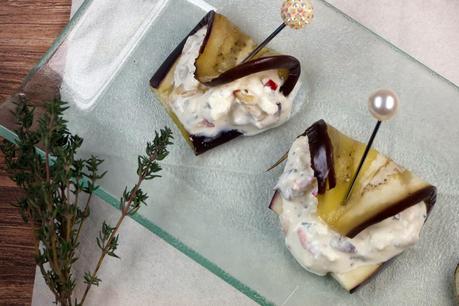 Rezept: Mediterrane Auberginenröllchen mit Feta-Frischkäse