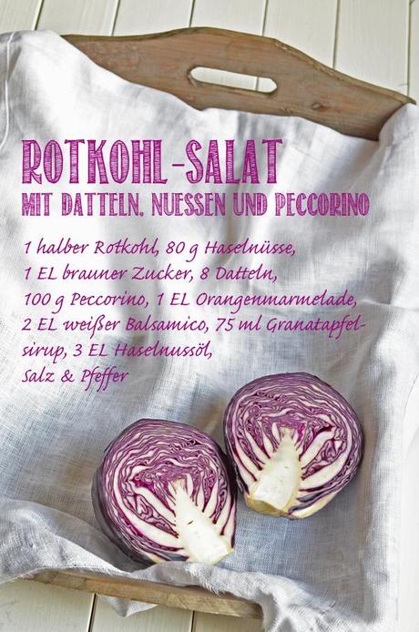 Rezept für Rotkohlsalat mit Datteln, Nüssen und Peccorino