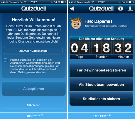 Anmelde-Bildschirm Quizduell TV-Version iOS-Version
