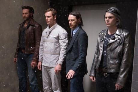 Wolverine (Hugh Jackman), Magneto (Michael Fassbender), Professor X (James McAvoy) und Quicksilver (Evan Peters) brechen in Regisseur Bryan Singers 