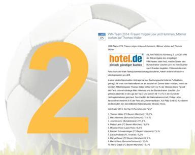 WM-Pressemitteilung von hotel.de belegt Platz 2 im Wettbewerb.
