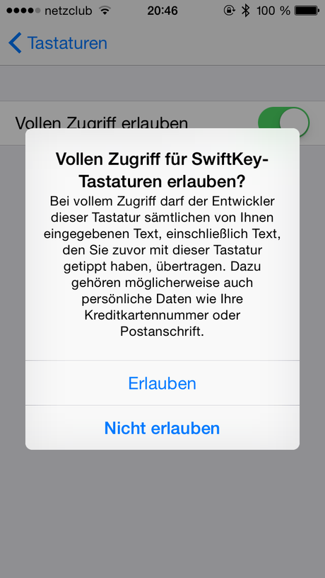 iOS 8 Tastatur Voller Zugriff