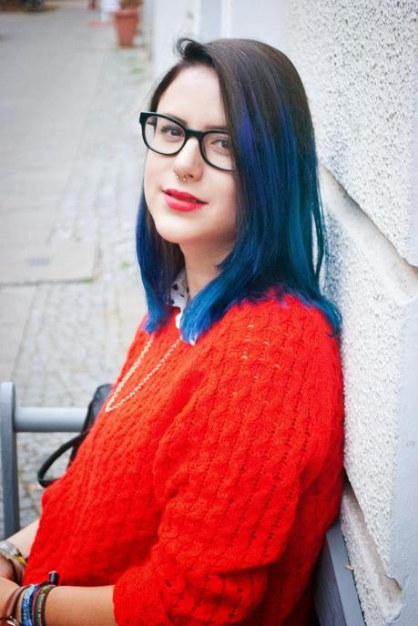 Outfit: RED sweater and BLUE hair!