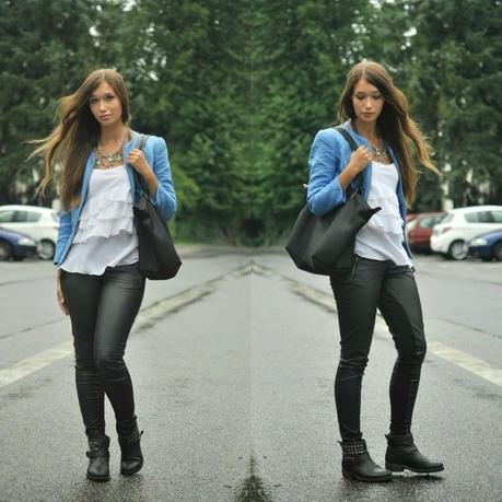 Leather pants and blue Blazer