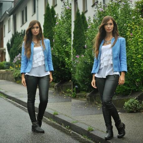 Leather pants and blue Blazer
