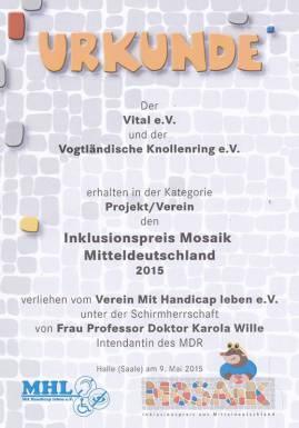 “Mitteldeutschen Inklusionspreis 2015″ Vogtländischer Knollenring e.V. und Verein Vital e.V.
