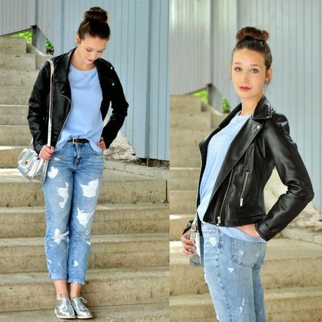 Outfit - Boyfriendjeans and Silver shoes