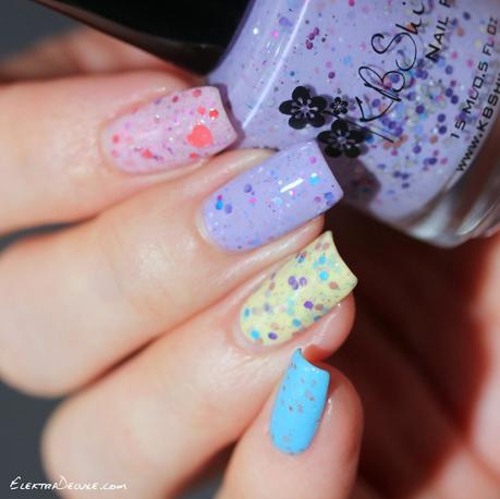 Pastel Glitter Crelly Skittle: KBShimmer Iris My Case, KBShimmer Full Bloom Ahead, Lynnderella Coup de Coeur, Candeo Colors Jellybean, SuperChic Lacquer I Can Fly