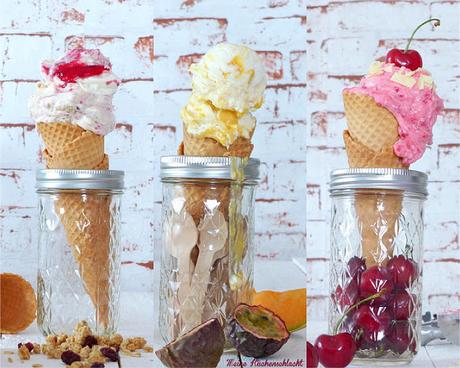 3 x Eiszauber: Kirsche-Salmiak Eis, Yellow Smoothie gezwirltes Soja Eis & Müsli-Sahne Eis mit Cranberry Sauce