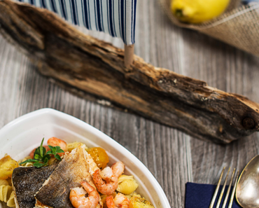 Pasta mit Saibling, gelben Tomaten & Garnelen