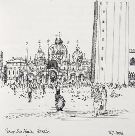 Wolfgang Krisai: Piazza San Marco, Venezia. Tuschestift. 2003.