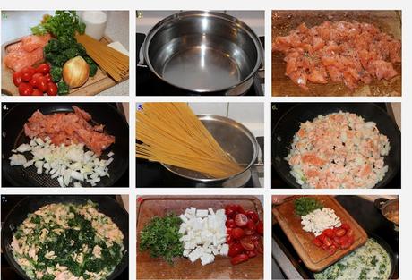 Rezept / Spaghetti mit Lachs-Spinat Soße
