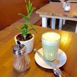 Matcha Latte, brauner Zucker und kleine Pflanze