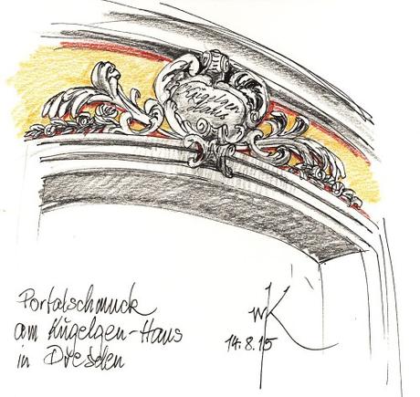 Wolfgang Krisai: Portalschmuck am Kügelgen-Haus in Dresden. Tuschestift und Buntstift, 2015.