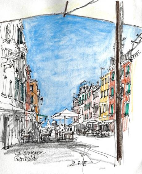 Wolfgang Krisai: Via Giuseppe Garibaldi, Venedig. 2015. Tuschestift, Buntstift, z. T. mit Wasser vermalt.