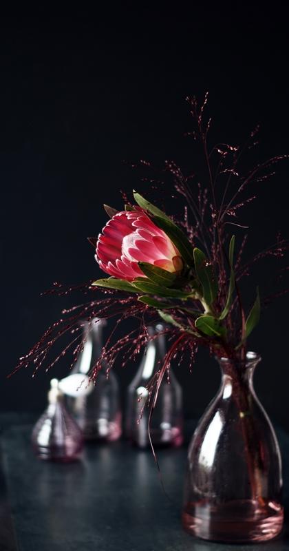 Blog + Fotografie by it's me! - Protea, rote Gräser und eine rosa Glasvase