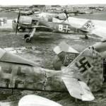 Einige Focke-Wulf Fw 190 auf dem Fliegerhorst Bad Aibling im Mai 1945. Dutzende Maschinen verschiedener Muster wurden zur Beute der Amerikaner.