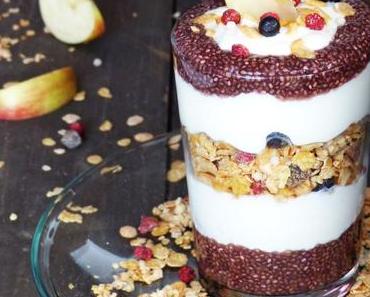 Power Frühstück mit Protein Joghurt, Chia Samen und Low Carb Beeren Müsli