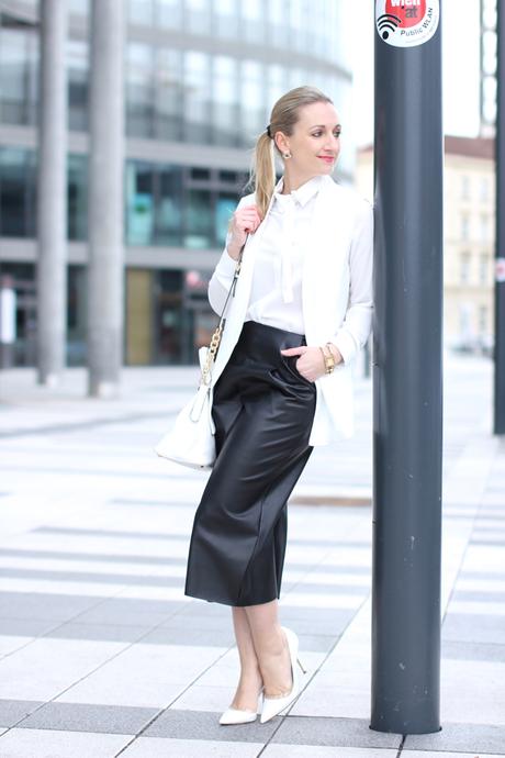 Leather culottes & bow neck blouse