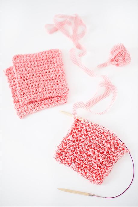 Here is a super simple and quick idea to make spring cleaning more fun:  Cut some yarn out of simple store bought dish cloths (they just cost pennies - at least here in Germany) and crochet or knit your very own unique dish cloth with it.  I love my pretty crocheted Harlekin dish cloths and Chevron dish cloths still very much and we use them every day - but in wintertime the cotton takes some time to dry.  Those cloths from the store are made of some fast drying, thin fabric but I like my dish cloths smaller and more compact instead of large and thin and so I decided to cut them up...  If you like to give it a try put several of the thin cloths exactly on top of each other and start cutting on the right outside.  Cut in rounds towards the middle (you can adjust the corners a bit if you like) of the cloths to get as much lenghts as possible.  Roll into balls - you can tie the yarn strips together.  I chain about 15 for the crochet dish cloths and worked with a hook size 10mm.  The finished cloths are about 18x18cm  For the knitted version I casted on 18 stitches and used a 10mm circular knitting needle.   But you can adjust all these to your liking - maybe cut wider strips for an even chunkier knit oder make the cloths smaller...  Happy Spring Cleaning!