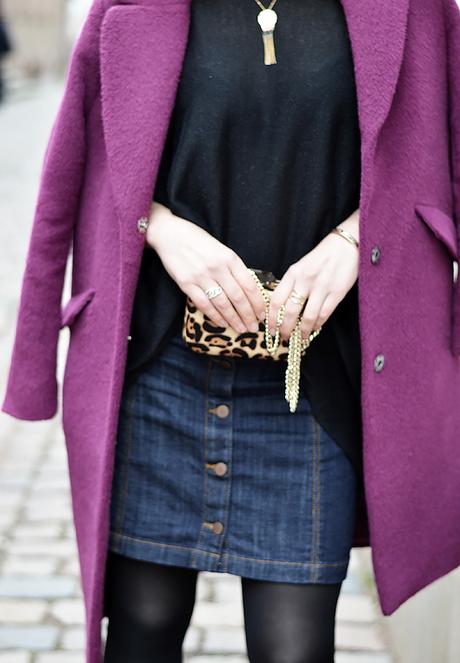 Outfit: Purple Coat, Denim Skirt and Leo Box Clutch