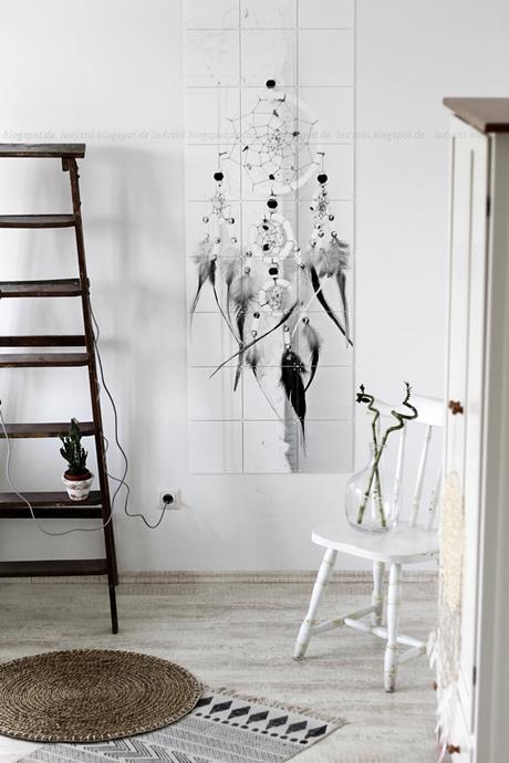 Wanddekoration mit IXXIdesign, originelle Bilder zum Selbergestalten, Schlafzimmer einrichten mit stylischen Fotos für die Wand, Traumfänger, House Doctor Teppich und Ikea runder Vorleger