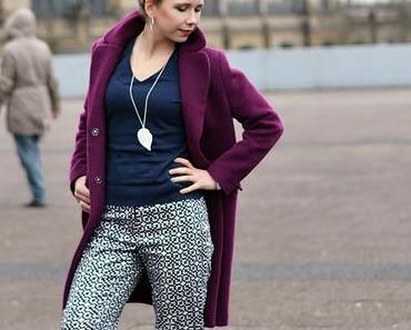 Outfit: Patterned Spring Pants, Reebok Classics & Purple Coat