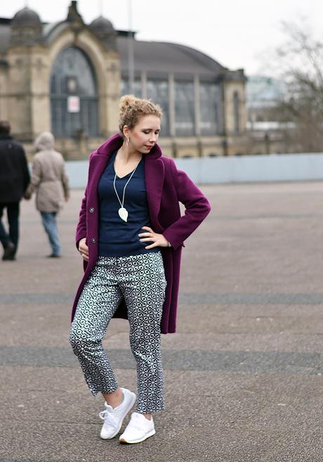 Outfit: Patterned Spring Pants, Reebok Classics & Purple Coat