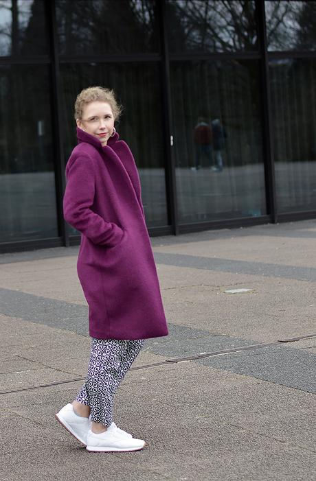 Outfit: Patterned Spring Pants, Reebok Classics & Purple Coat
