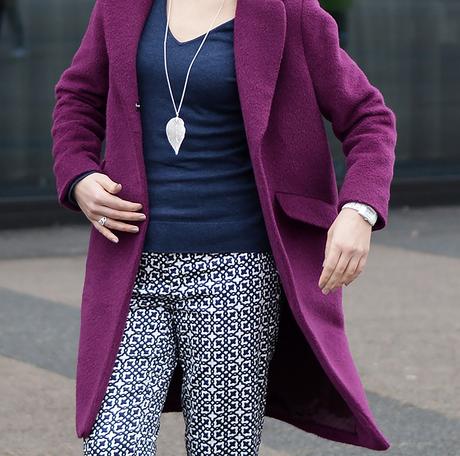 Outfit: Patterned Spring Pants, Reebok Classics & Purple Coat
