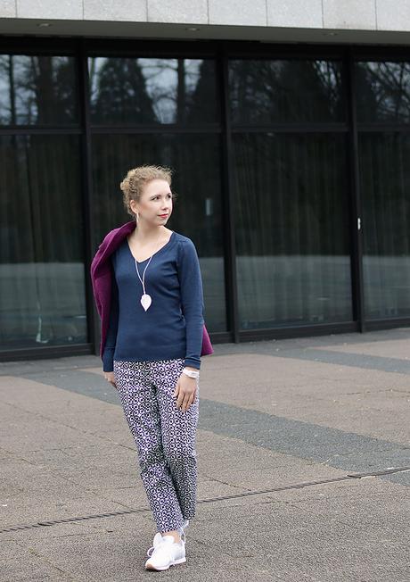 Outfit: Patterned Spring Pants, Reebok Classics & Purple Coat