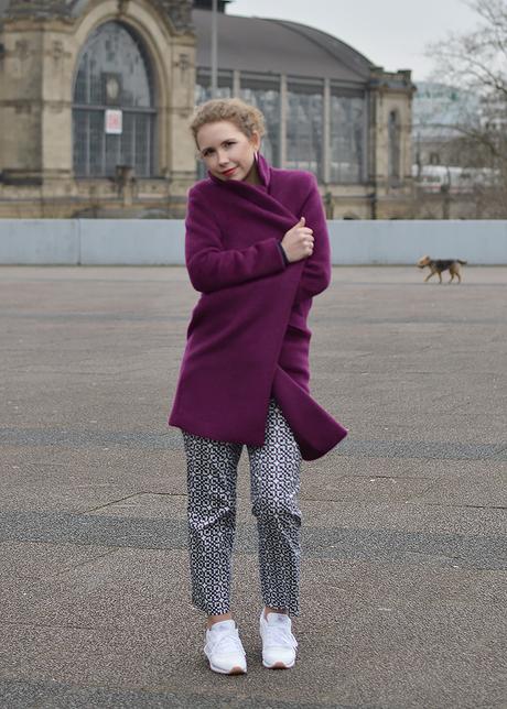 Outfit: Patterned Spring Pants, Reebok Classics & Purple Coat