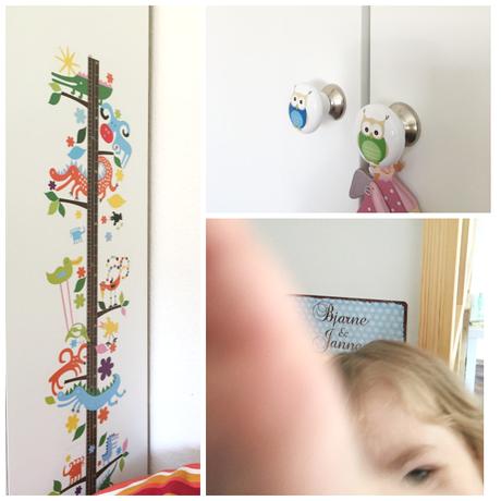 Kinderzimmer - Messlatte, Eulen am Kleiderschrank und Namensschild