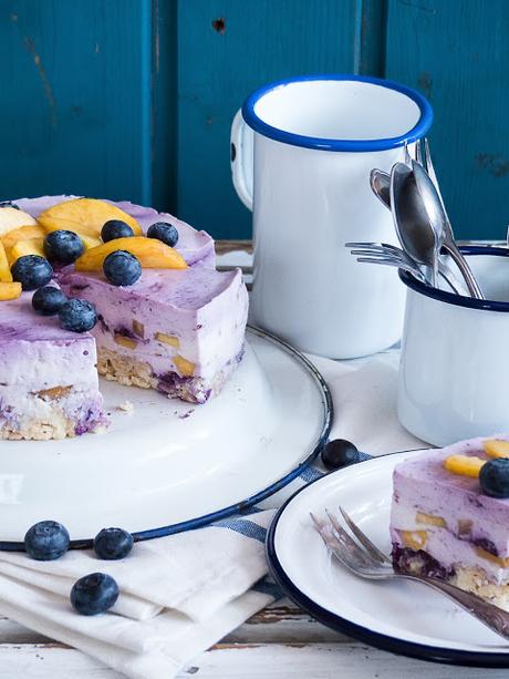 no bake Blaubeer-Pfirsich-Kokos Cheesecake