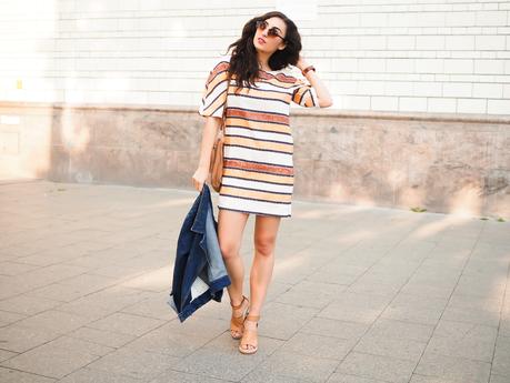 Sheinside Striped Minidress Denim Jacket Zara Wedges Oasis Bag Boho Streetstyle Berlin Casual Blogger Outfit Sommer Summer Samieze Modeblog