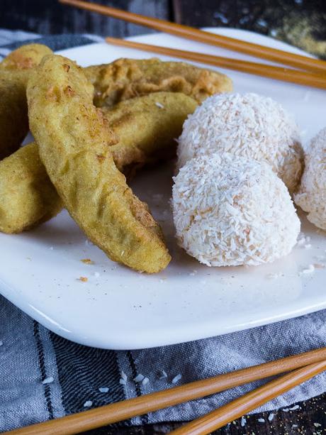 ausgebackene Tempura Curry Bananen mit Kokoseis