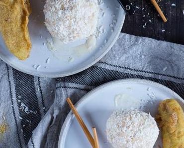 ausgebackene Tempura Curry Bananen mit Kokoseis