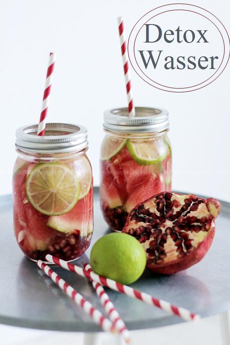 Detox Wasser mit Granatapfel Limette Wassermelone, ideales Getränk für heiße Sommertage, erfrischend