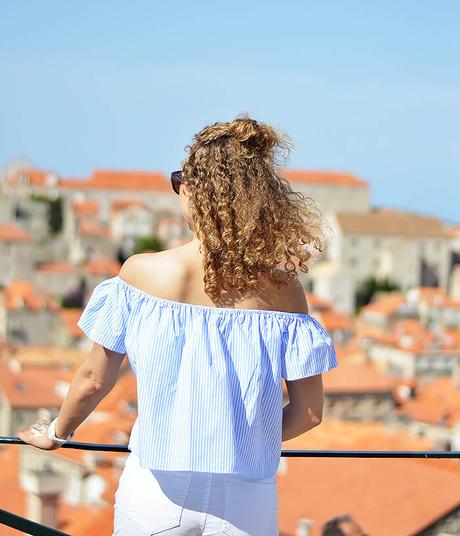 Outfit: With Off shoulder Top, Hotpants & Half Bun above Dubrovnik’s Old Town