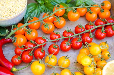 Cherry-Tomaten-Nudelsalat mit Paprika und Oliven