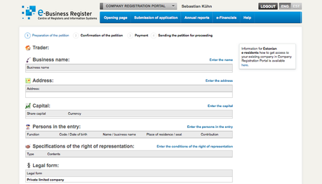 Antragsformular im Company Registration Portal