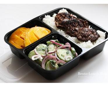 Bento #170: Vegetarisches Gyros, Gurkensalat, Reis und Mango