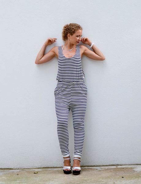 Outfit: Striped Jumpsuit with dropped armhole and Wedge Sandals
